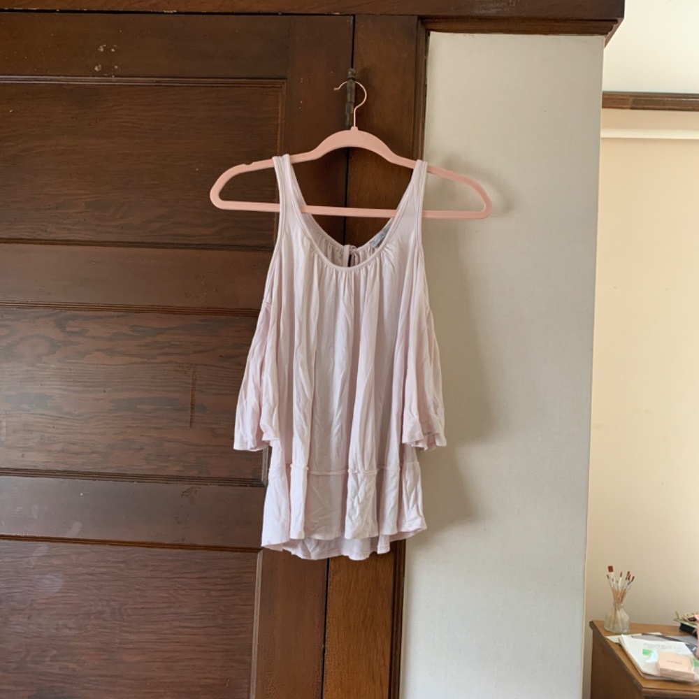 Light pink Charlotte Russe shirt with shoulder cut outs and flared sleeves